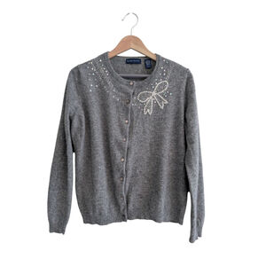 Karen Scott Embellished Bow Lambs Wool Vintage Neutral Cardigan Size L